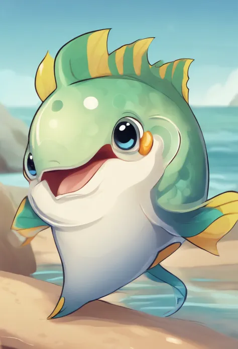 Fish head，Tail of a fish，Human body，Humanoid body，It has fins and scales，super adorable，sprout，cartoony，with a round face，largeeyes，little mouth