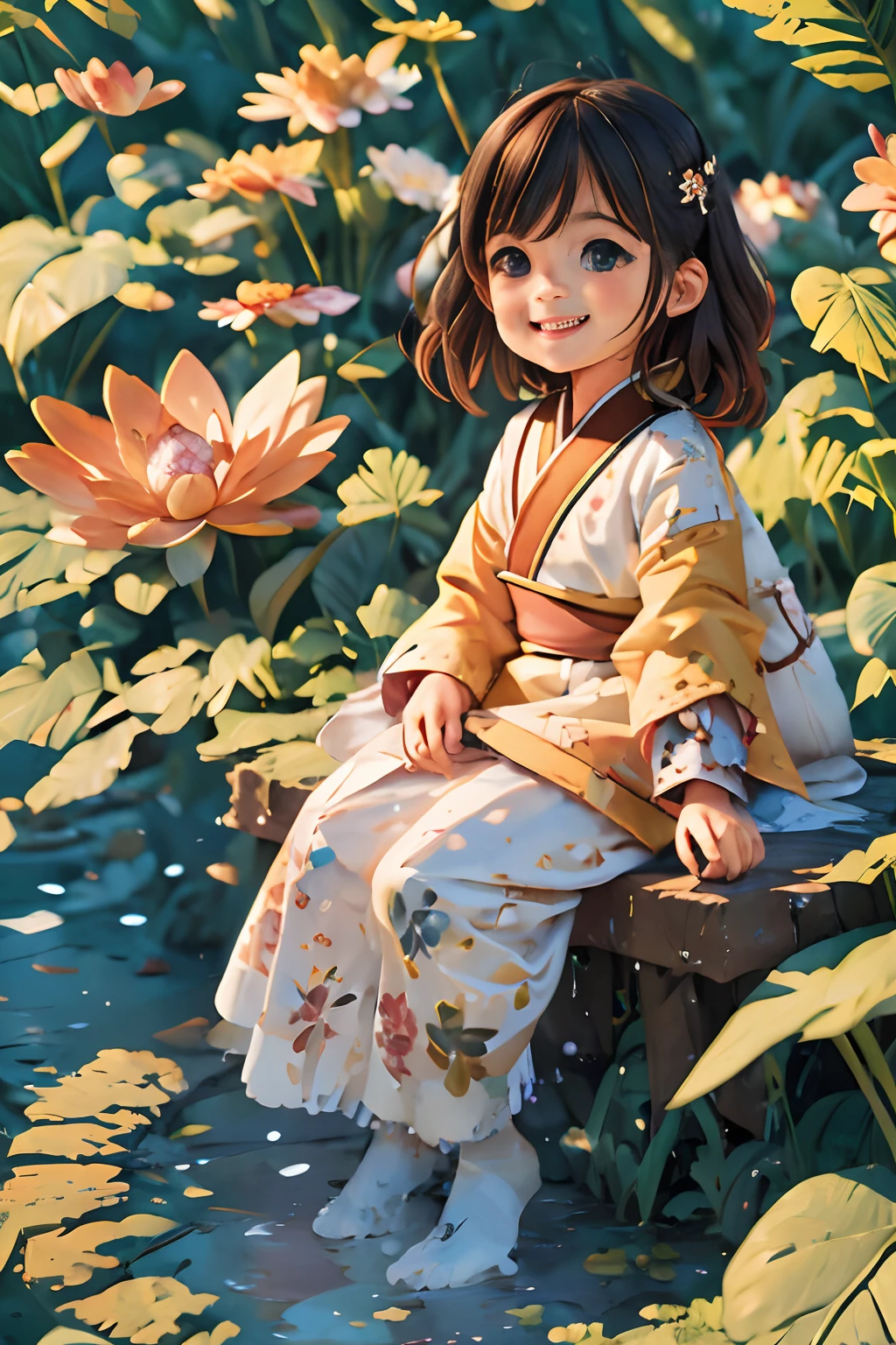 Pods full of lotus flowers, A  happily sits on the lotus leaves of a pod, Huge lotus leaf, Barefoot, Dressed in white and green Hanfu, Light and shadow, A masterpiece，stechu，（white backgrounid：1.4），（（tachi-e）），Original，（illustratio：1.1），（best qualtiy），（tmasterpiece：1.1），（Very detailed CG unity 8K wallpaper：1.1），（a color： 0.9),(panoramicshooting:1.4),(solo person:1.2),(Splash ink),(Splash color),((aquarelle)),sharp and clear focus,{ 1girl standing },((Chinese national customs )),Flower background ,exteriors,Rochas,Look at the viewer,make happy expressions,Soft smile,chaste,Beautiful delicate face and eyes,Delicate garment pattern details,brunette color hair,blackigeyes,shuicolor