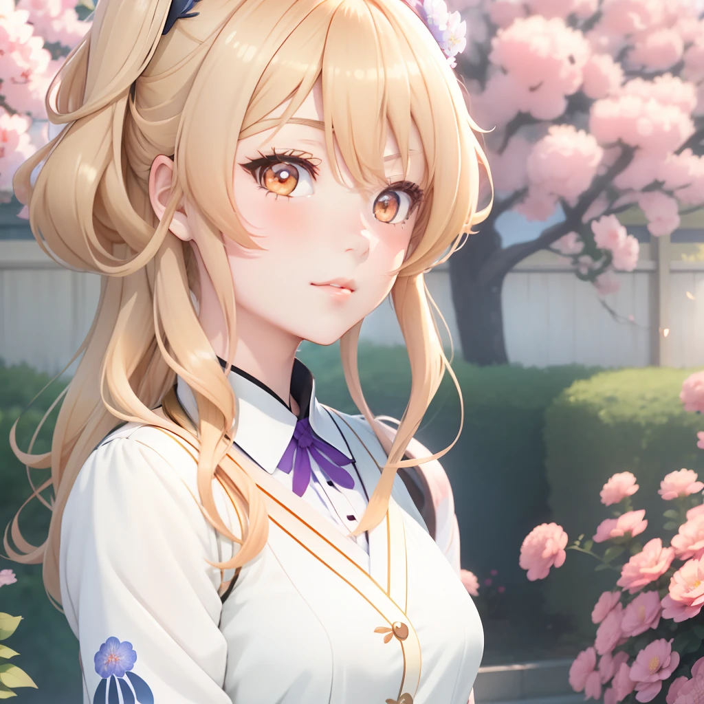 Anime girl with blonde hair and blue eyes standing in front of a bush of flowers, anime best girl, anime girl named lucy, anime still film anime shikishi, anime visual of a cute girl, shirabii, Violet Evergarden, Also, in the anime film, anime still frame, still from tv anime, Today's featured anime stills, official anime still