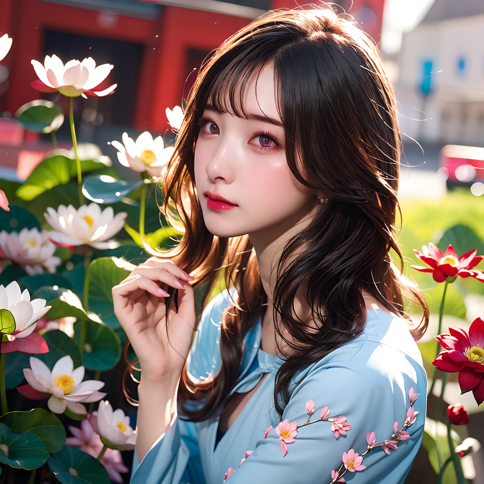 Best quality photo wallpaper，Ultra-detailed and realistic graphics，Light blue wavy girl with long hair，Bright hair，red color eyes，Highly reflective eyeballs，Pink plump lips，A dress decorated with lotus flowers，white complexion