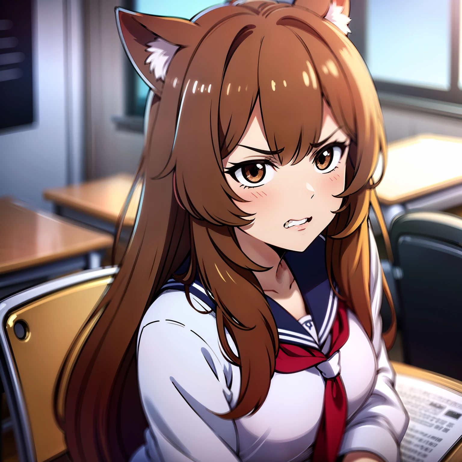 bra maestra, Raphtalia, brownhair,angry,school uniform, en medio de la calle, retrato,face closeup, sitting on a desk in classroom, half body