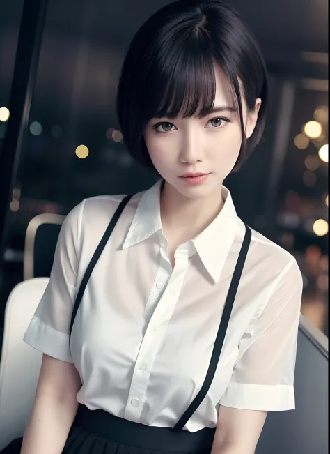 (8k, Best Quality, Masterpiece: 1.2), (Realistic, Photorealistic: 1.37), Super Detailed, 1 Girl, Cute, Alone, Beautiful Detailed Sky, Detailed Cafe, Night, Sitting, Date, ( Nose blush), (smile: 1.15), (close mouth) small breasts, beautiful details, (collar...