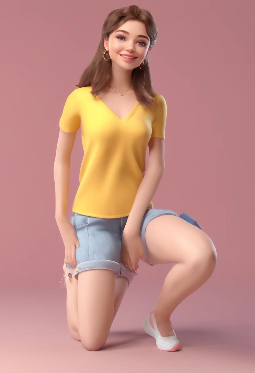 A woman in a yellow shirt and blue shorts posing for a picture - SeaArt AI