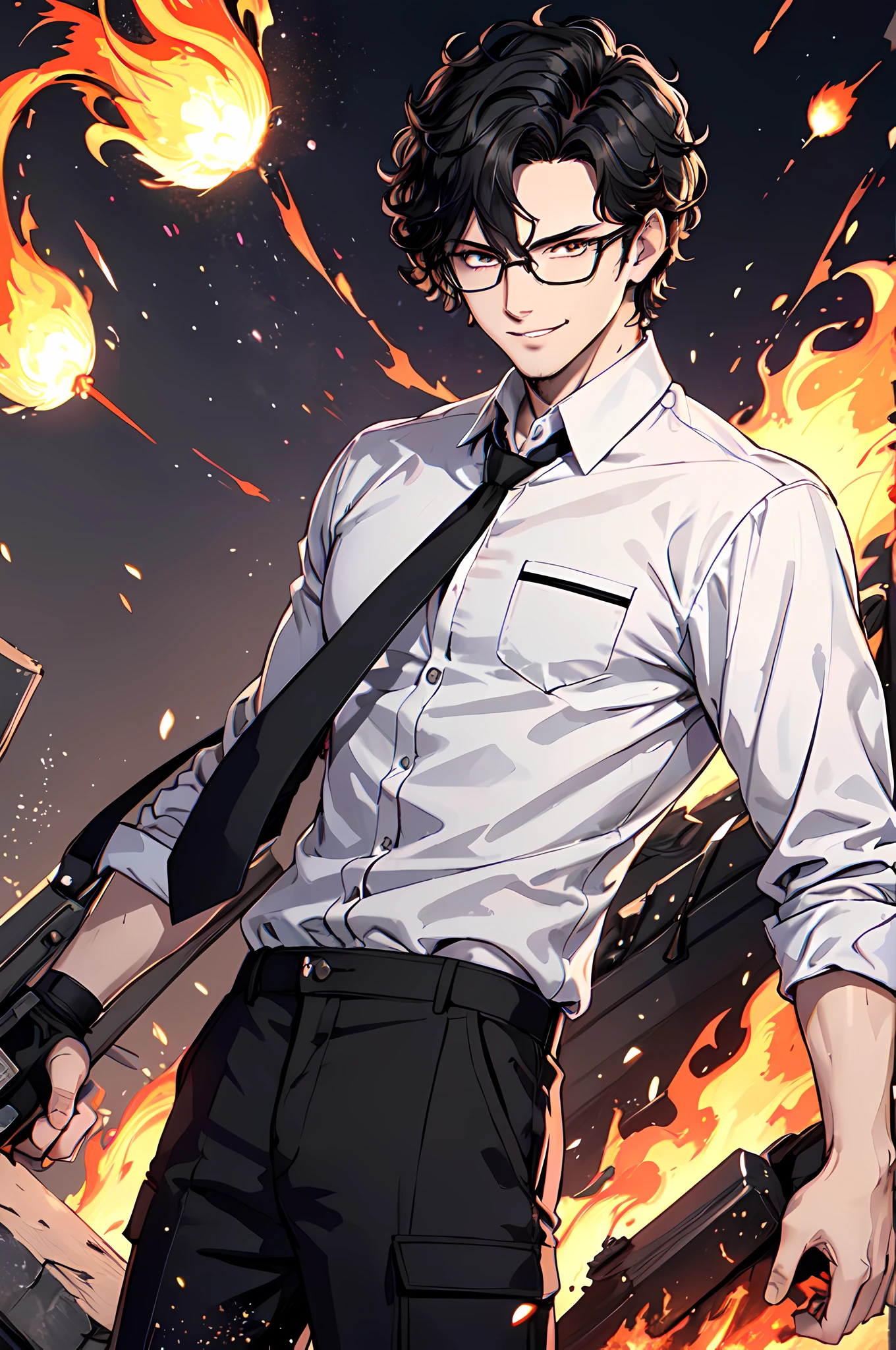 best quality,masterpiece,original,extremely detailed wallpaper,looking at viewer,1boy,solo,male,male focus,evil smile,black hair,curly hair,spiky hair,hair under eyes,glasses,white shirt,black necktie,white cargo,flames,glowing,sidelighning,fire particles,ice particles,