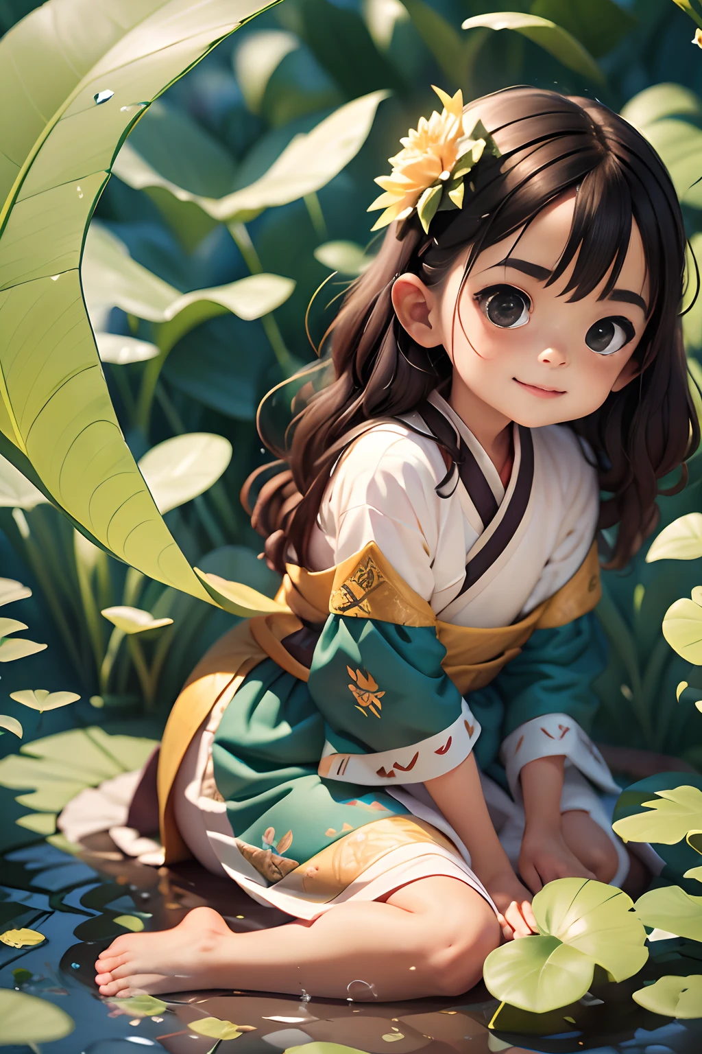 Pods full of lotus flowers, A  happily sits on the lotus leaves of a pod, Huge lotus leaf, Barefoot, Dressed in white and green Hanfu, Light and shadow, A masterpiece，stechu，（white backgrounid：1.4），（（tachi-e）），Original，（illustratio：1.1），（best qualtiy），（tmasterpiece：1.1），（Very detailed CG unity 8K wallpaper：1.1），（a color： 0.9),(panoramicshooting:1.4),(solo person:1.2),(Splash ink),(Splash color),((aquarelle)),sharp and clear focus,{ 1girl standing },((Chinese ethnic customs )),Flower background ,exteriors,Rochas,Look at the viewer,make happy expressions,Soft smile,chaste,Beautiful delicate face and eyes,Delicate garment pattern details,brunette color hair,blackigeyes,shuicolor