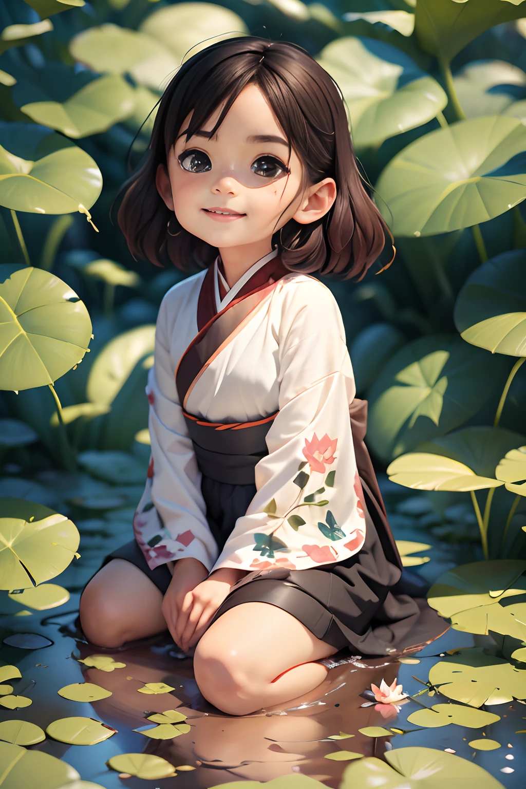 Pods full of lotus flowers, A  happily sits on the lotus leaves of a pod, Huge lotus leaf, Barefoot, Dressed in white and green Hanfu, Light and shadow, A masterpiece，stechu，（white backgrounid：1.4），（（tachi-e）），Original，（illustratio：1.1），（best qualtiy），（tmasterpiece：1.1），（Very detailed CG unity 8K wallpaper：1.1），（a color： 0.9),(panoramicshooting:1.4),(solo person:1.2),(Splash ink),(Splash color),((aquarelle)),sharp and clear focus,{ 1girl standing },((Chinese ethnic customs )),Flower background ,exteriors,Rochas,Look at the viewer,make happy expressions,Soft smile,chaste,Beautiful delicate face and eyes,Delicate garment pattern details,brunette color hair,blackigeyes,shuicolor