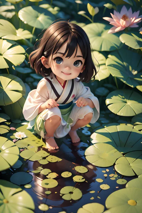 pods full of lotus flowers, a little girl happily sits on the lotus leaves of a pod, huge lotus leaf, barefoot, dressed in white...