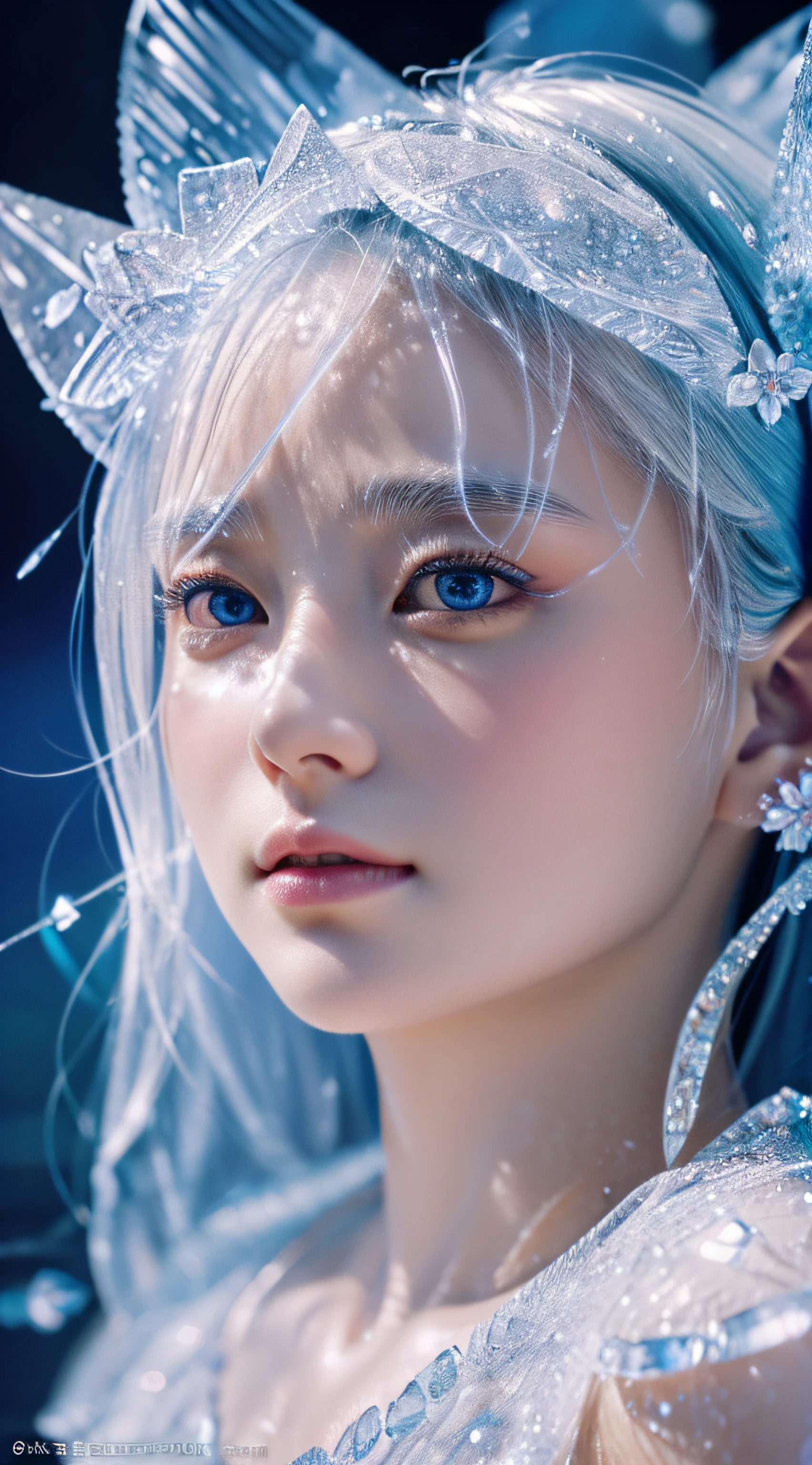 masterpiece, best quality,
official art, extremely
detailed cg 8k wallpaper,
(flying petals)
(detailed ice) , crystals
texture skin, cold
expression, ((fox ears)),
white hair, long
hair, messy hair, blue eye,
looking at viewer,
extremely delicate and
beautiful, water, ((beauty
detailed eye)), highly
detailed, cinematic
lighting, ((beautiful face),
fine water surface, (original
figure painting), ultra-
detailed, incredibly
detailed, (an extremely
delicate and beautiful),
beautiful detailed eyes,
(best quality)