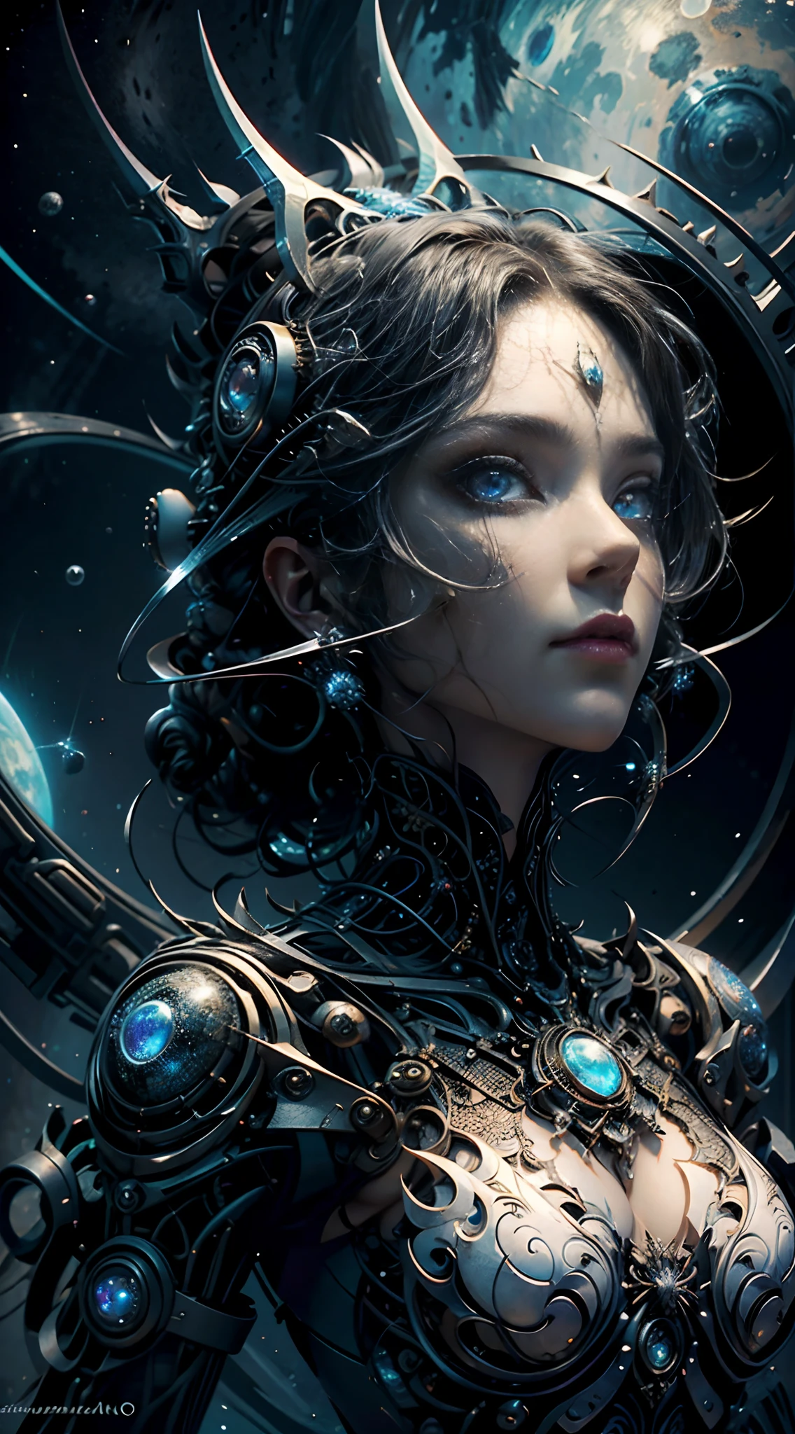 （best qualityer，ultra - detailed，best illustration，best shade，tmasterpiece，A high resolution，ProfissionalArtwork，famousartwork），detailedeyes，beautiful eyes，clivagem em close-up，scientific fiction，colored sclera，facial eyearcas robot，Tattooed with，（fractalized，fractal eyes），eyes large，eyes wide，（eye focus），Sface Focus，Cosmic eyes，Space eyes，Close-up of metal sculpture of a woman with a moon in her hair，goddesses。Extremely high detail，3 d goddess portrait，Extremely detailed images of the goddess，a stunning portrait of a goddess，Side image of the goddess，portrait of a beautiful goddess，Full-length close-up portrait of the goddess，hecate goddess，portrait of a norse moon goddess，goddess of space and time