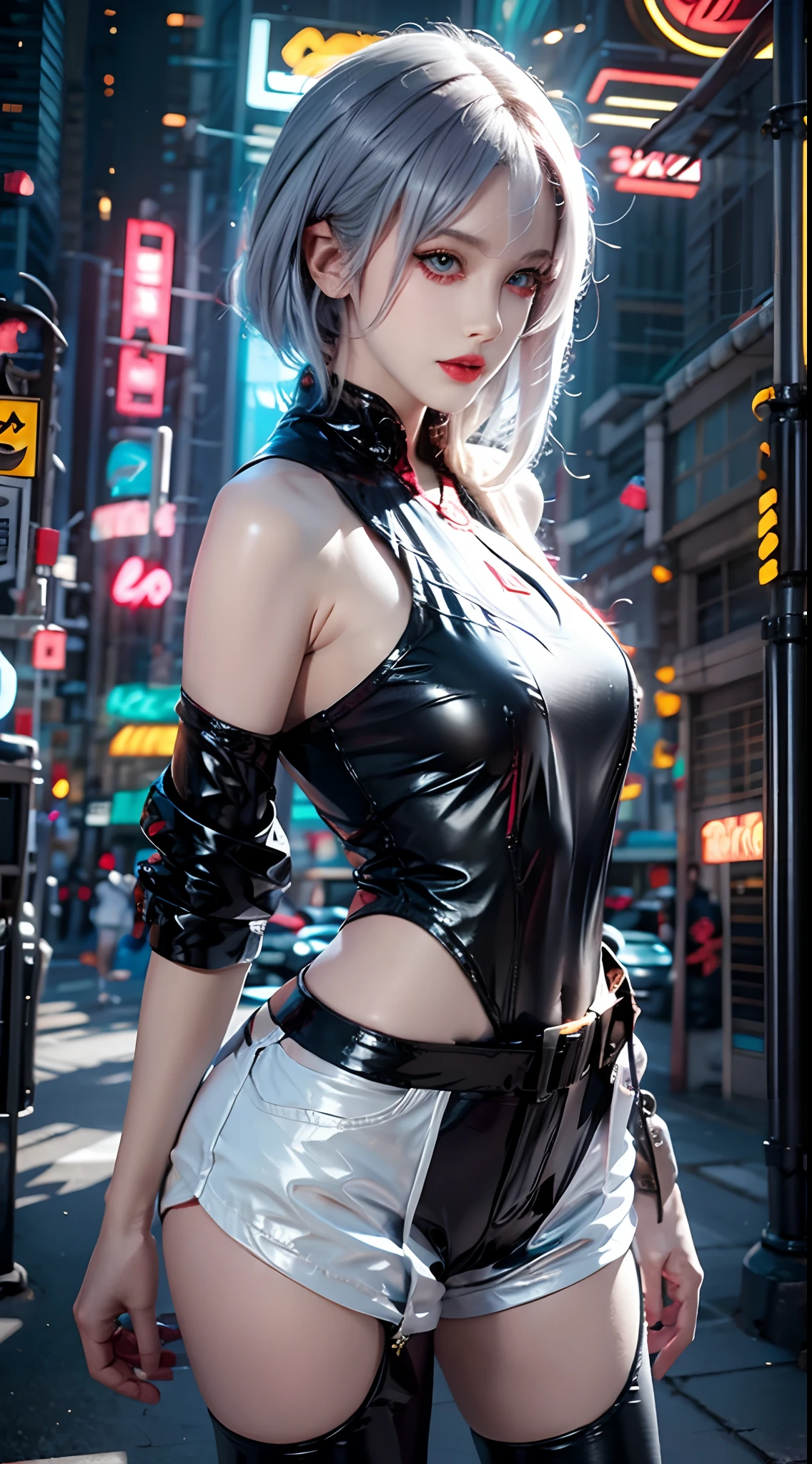 photorealistic, high resolution, 1women, mature female, solo, blue eyes, hips up, white off-shouler jacket, black bodysuit, bare shoulders, white shorts, hip vent, (dynamic pose), fantasy, high contrast,cityscape, neon lights, neon trim, ((cyberpunk)), 1 sweet girl,white short hair, bangs, ((red eyeliner)), ((makeup)),red lips, back view