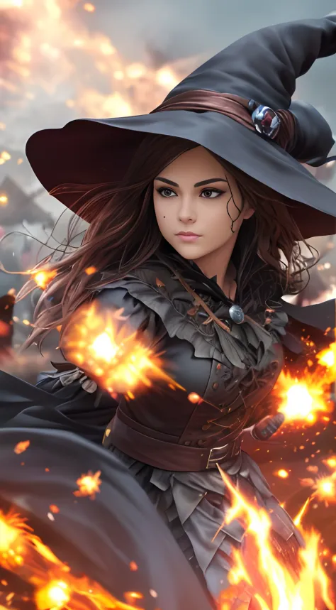 (best quality:1.2,highres,ultra-detailed:1.1),Witch costume,detailed face:1.2,explosion in the background,masterpiece:1.2,extrem...