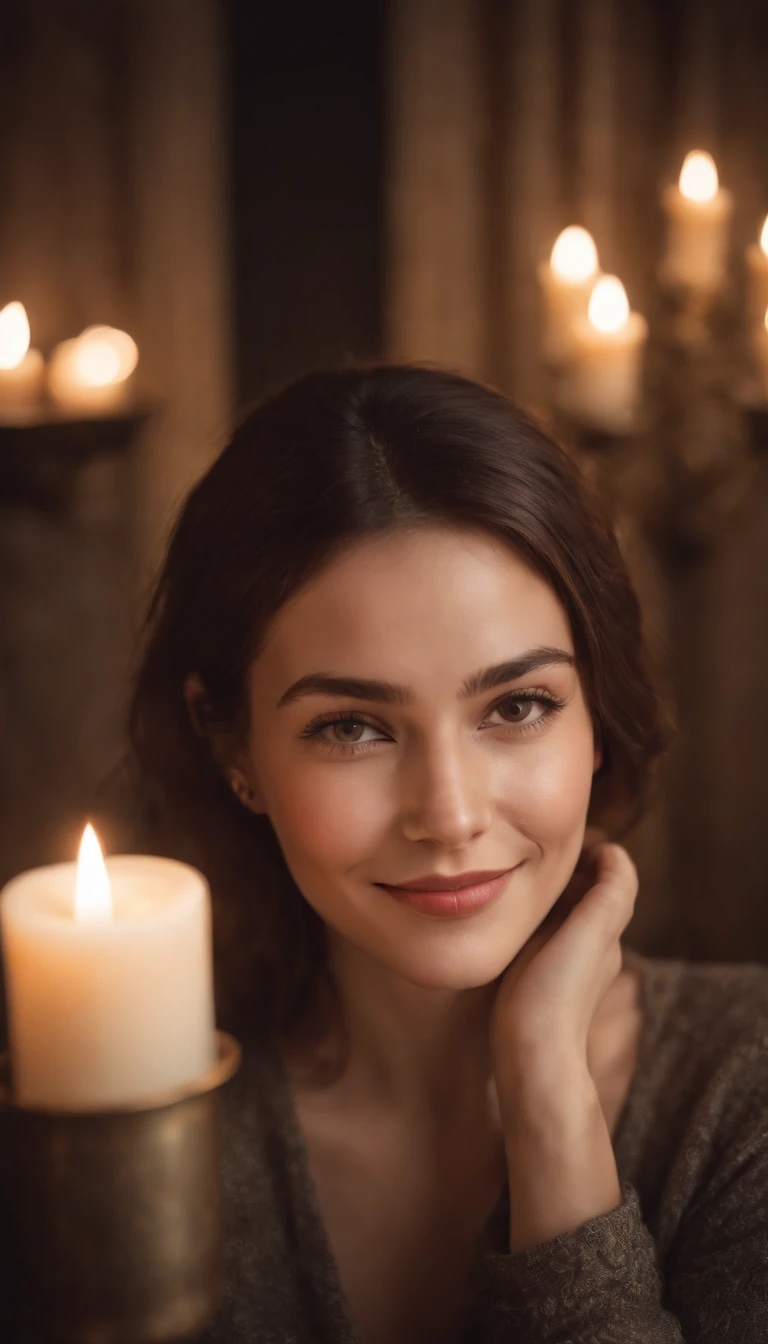 portrait of a woman,polaroid,film, candle,graininess,smile,cold,upper body