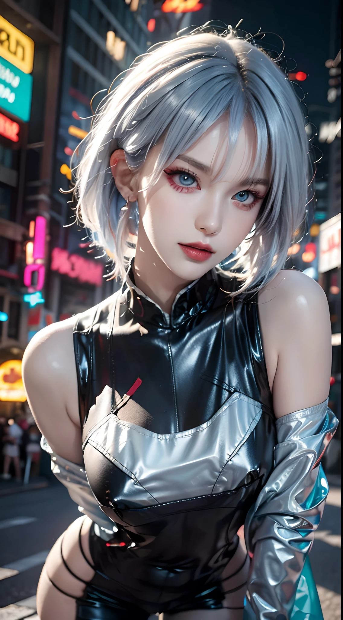 photorealistic, high resolution, 1women, mature female, solo, blue eyes, hips up, white off-shouler jacket, black bodysuit, bare shoulders, white shorts, hip vent, (dynamic pose), fantasy, high contrast,cityscape, neon lights, neon trim, ((cyberpunk)), 1 sweet girl,white short hair, bangs, ((red eyeliner)), ((makeup)),red lips, sitting