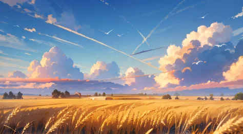 A large neat wheat field，Idyllic、wheat field ，scenic view，the Sun Shining，Clouds，Skysky，flying birds，Big Mountain，peasant，