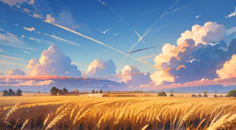 a large neat wheat field，idyllic、wheat field ，scenic view，the sun shining，clouds，skysky，flying birds，big mountain，peasant，