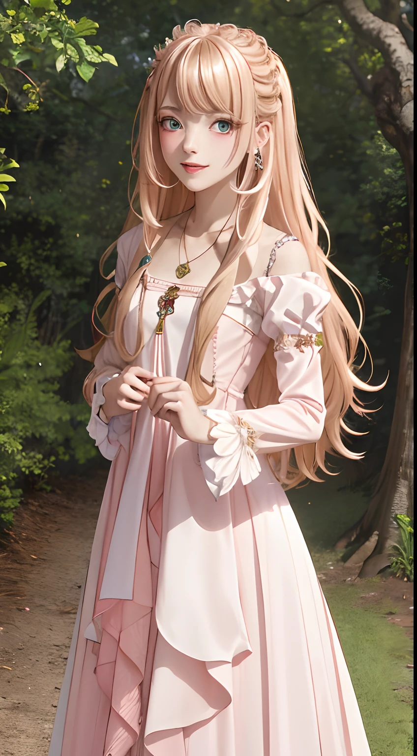 best quality, ((masterpiece)), highly detailed, outdoors, forrest,
1girl, Lexia Von Alceria,
looking at the viewer, smile, closed mouth, slight blush,
green eyes, blonde hair, long hair, swept bangs, dress, long sleeves, necklace