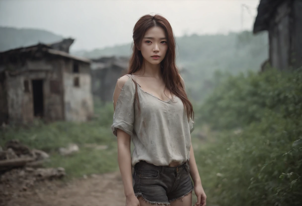 A breathtakingly beautiful girl, Radiant and charming eyes, Cold and intense, Long flowing hair, Sweaty body, Post-apocalyptic punk shirt, Short shorts, boot, Ultra photo realsisim, Realistic, best quality real texture skin, movie atmosphere, Tattered clothes, (Post-apocalyptic punk, Post-apocalyptic fiction), A post-apocalyptic world where buildings collapse, (blood stain), The art of Rei Kurahashi, Haunting and solemn, A beam of light shines through, Illuminate the gloomy environment, (Best quality, Masterpiece, Depth of field, Full-HD, 4K, Richness of detail), Portrait style,Upper body