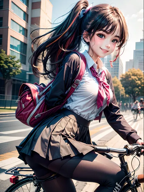 high school girl uniform multicolored in black tights riding a bicycle　dynamic　a smile　commuting to school