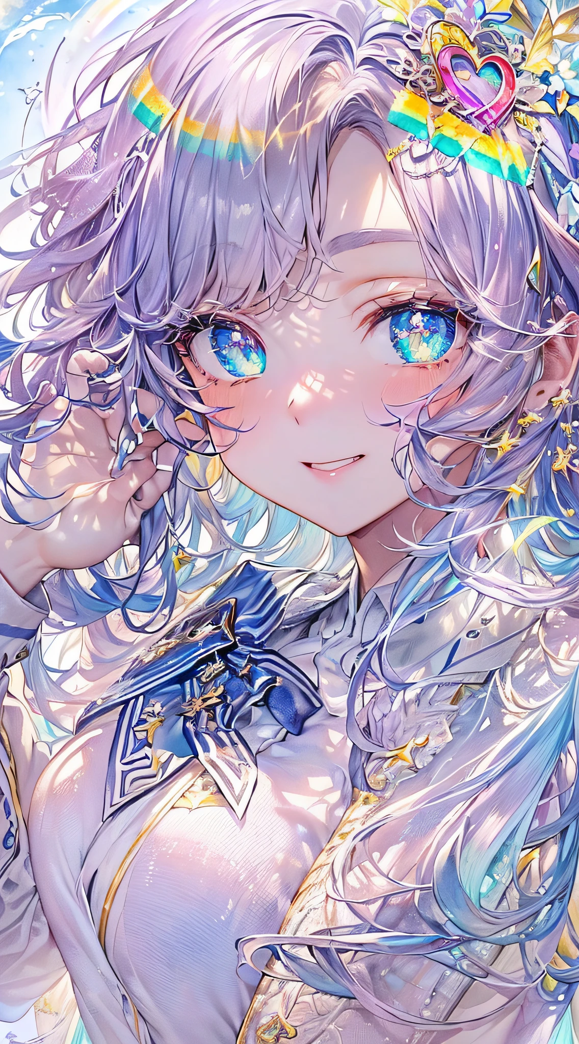 Soft Focus , (Bright gradient watercolor :1.5, Lens Flare:1.5 , Glitter :1.5), Glow , Dreamy , White background、Grid illusion, Colorful, girl、((extremely detailed eye:1.5)),((Face Zoom:1.5)),((Face Focus:1.5)),(((​masterpiece、top-quality、top-quality、watercolor paiting)))(Curly)、Official art、Beautifully Aesthetic:1.2)、eye glass、(Hand and hand heart shape:1.5),(4girl:1.5)、(Fractal Art:1.3)、The upper part of the body、colourfull、((Ultra-detailed retina:1.5))、embarrassed from、(Midriff)、((Super Detail Eyes:1.5))、(rainbow-colored hair、colourful hair、Half blue and half light blue hair:1.5)、((the Extremely Detailed CG Unity 8K Wallpapers、​masterpiece、top-quality))、((ultra-detailliert:1.2))、(The best lighting、Best Shadows、extremely delicate and beautiful)、(the Extremely Detailed CG Unity 8K Wallpapers、​masterpiece、best qualtiy、ultra-detailliert)、(The best lighting、Best Shadows、extremely delicate and beautiful)、(the perfect body:1.5)、((High School Uniforms:1.5)),{{{{Dazzling brilliance}}}}、Rainbow Bridge、(masutepiece:1.2), Best Quality, (Illustration:1.2), (Ultra-detailed), hyperdetails, (delicate detailed), (Intricate details), (Cinematic Light, best quality backlight), solo women, Perfect body, (4girl), (Best Illumination, extremely delicate and beautiful), Cinematic Light、【emblem:Irridescent color 】、Blue sky with white angel wings proportional to body、Sunnyday