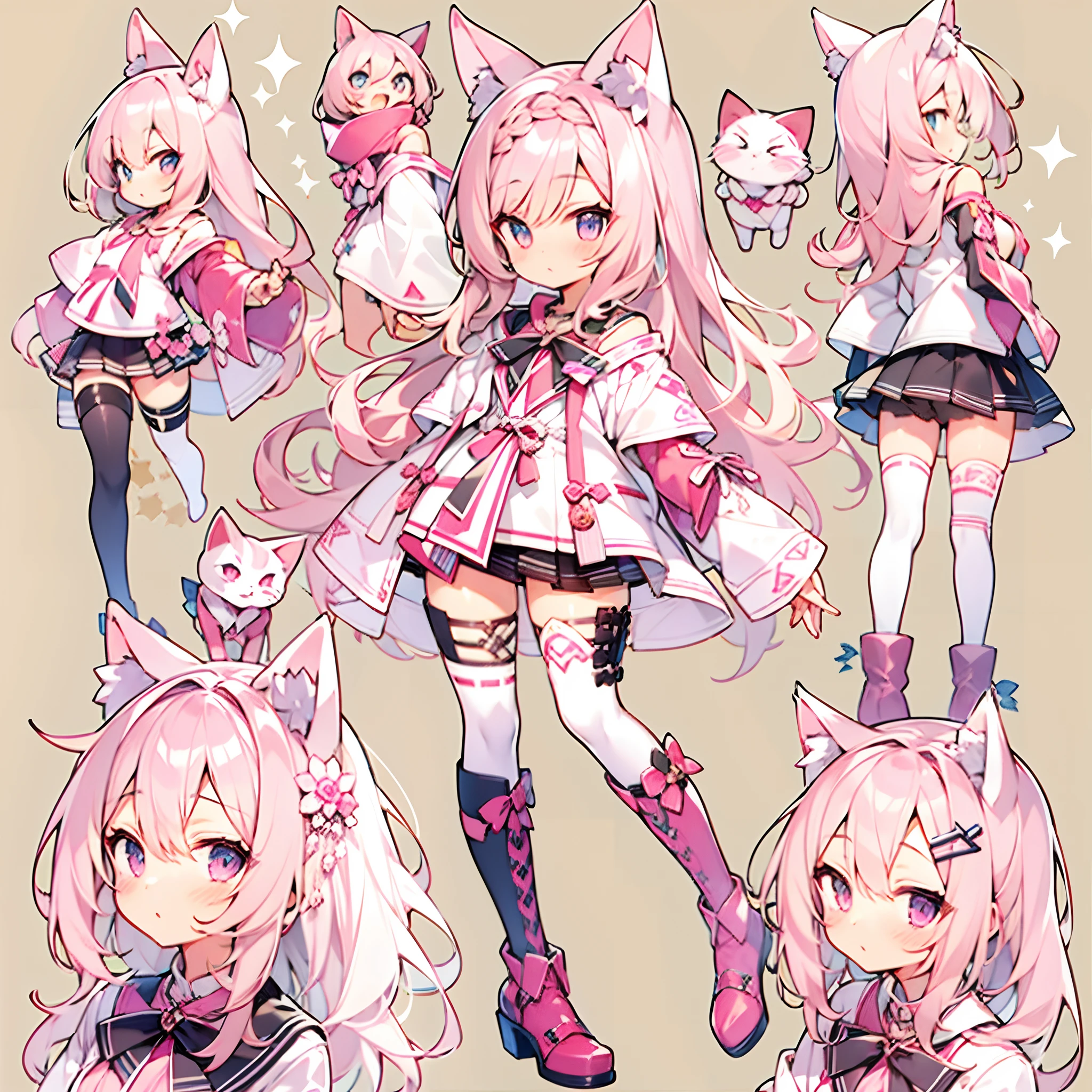 Cute girl with cat ears、Japan anime style、Moe、（full body2.0）、（1 person only 2.1）、（No background 1.8）、Authentic and highly detailed body、小柄、girl with、childish、10yaers old、length hair、bangss、A pink-haired、Authentic and highly detailed face、beautiful eyes that are authentic and highly detailed,、 Authentic and very delicate arms and hands、Authentic and highly detailed human hands（5 fingers）、The most beautiful girl in the world、Delicate and beautiful pink cat eyes、Authentic skin texture、Plain clothe、lolita、a miniskirt、（Authentic and highly detailed pink stockings 2.5）、（Authentic and highly detailed long boots 1.5）