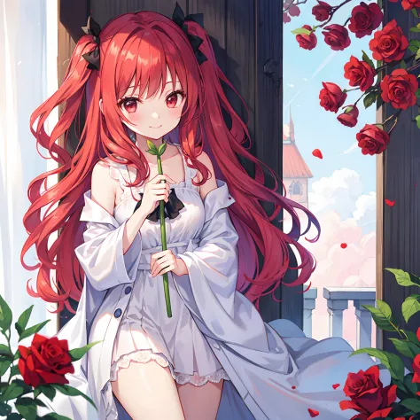 Wavy red hair、red eyes、Beautiful girl alone、robe blanche、A smile、rose garden