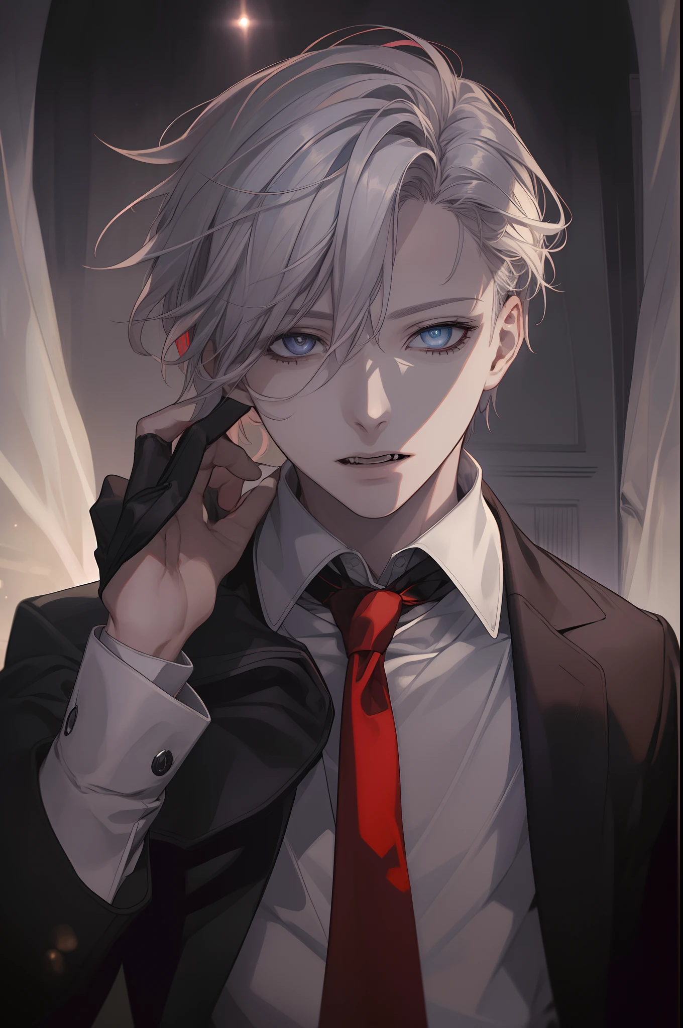 (masuter piece,Best Quality,Ultra-detailed), (A detailed face), 1boy, A young man who left his boyhood behind,(front-facing view),(Photorealsitic:1.2),(side lights,Beautiful Eyes of Details:1.2),white colored hair,Face focus,Black suit,Black jacket,red necktie,Vampires,Confident