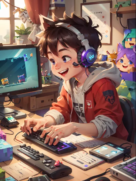 Gamer boy smiling, perfect hands, RGB keyboard, gamer computer, headset, profile picture, playing minecraft, live stream