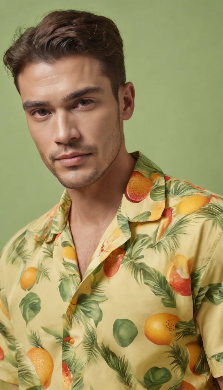 Handsome man wearing tropical fruit shirt on yellow background, cool style, mixed pattern, marble texture, animated GIF, Harlem Renaissance, naturalistic bird portrait, light green and orangutan, (medium shot)