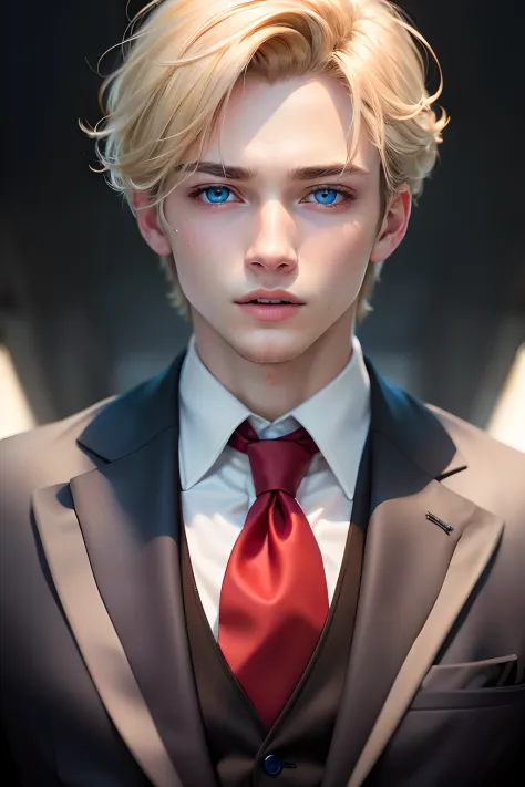 (masuter piece,Best Quality,Ultra-detailed), (A detailed face), 1boy, A young man who left his boyhood behind,(front-facing view),(Photorealsitic:1.2),(side lights,Beautiful Eyes of Details:1.2),Blonde colored hair,Face focus,Black suit,Black jacket,red ne...