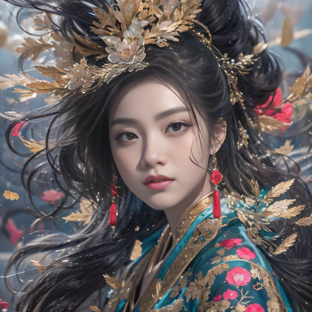 32K（tmasterpiece，k hd，hyper HD，32K）Long flowing black hair，ponds，zydink， a color， Aozhou people （Concubine girl）， （Silk scarf）， Combat posture， looking at the ground， long whitr hair， Floating hair， Carp pattern headdress， Chinese long-sleeved clothing， （abstract ink splash：1.2）， Pink petal background，Pink and white lotus flowers fly（realisticlying：1.4），Black color hair，Fallen leaves flutter，The background is pure， A high resolution， the detail， RAW photogr， Sharp Re， Nikon D850 Film Stock Photo by Jefferies Lee 4 Kodak Portra 400 Camera F1.6 shots, Rich colors, ultra-realistic vivid textures, Dramatic lighting, Unreal Engine Art Station Trend, cinestir 800，Long flowing black hair，Denim skirt