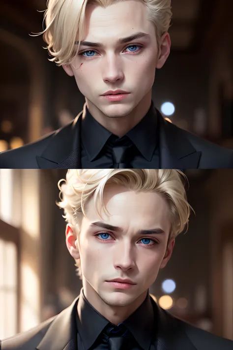 (masuter piece,Best Quality,Ultra-detailed), (A detailed face), 1boy, A young man who left his boyhood behind,(front-facing view),(Photorealsitic:1.2),(side lights,Beautiful Eyes of Details:1.2),Blonde colored hair,Face focus,Black suit,Black jacket,Black ...