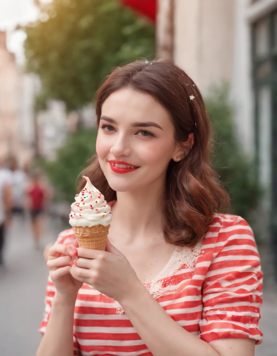 Mujer con camisa a rayas rojas y blancas comiendo cono de helado. - SeaArt  AI