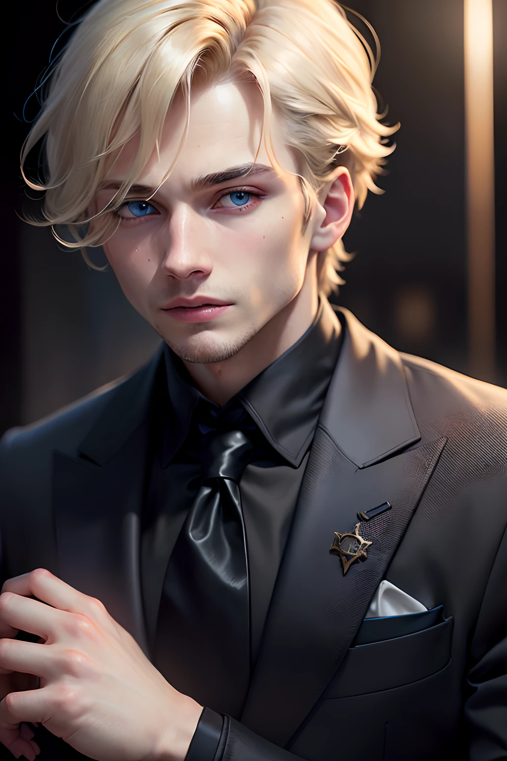 (masuter piece,Best Quality,Ultra-detailed), (A detailed face), 1boy, A young man who left his boyhood behind,(front-facing view),(Photorealsitic:1.2),(side lights,Beautiful Eyes of Details:1.2),Blonde colored hair,Face focus,Black suit,Black jacket,Black necktie,Vampires,Confident,10 Billion Man,blue eyess,Mafioso,Secret associations