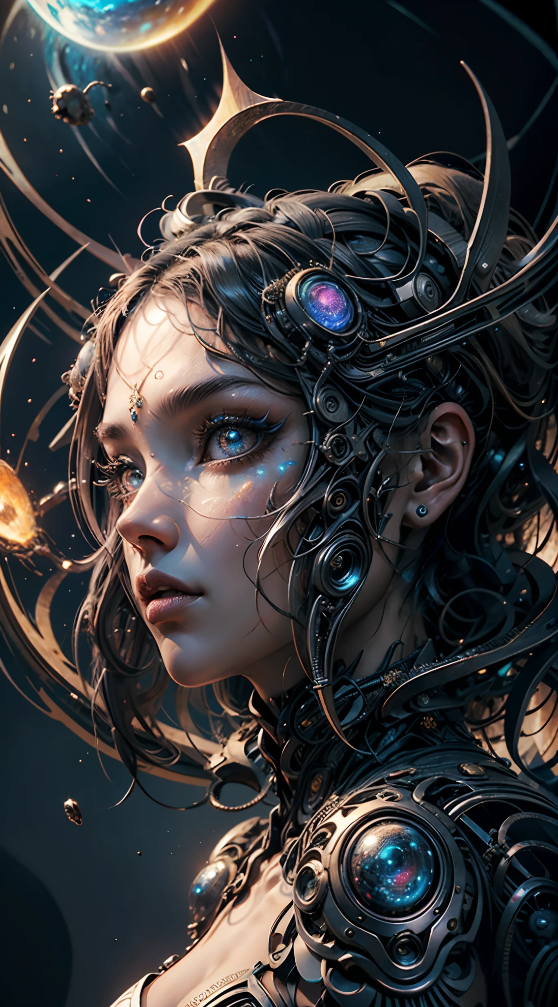 （best qualityer，ultra - detailed，best illustration，best shade，tmasterpiece，A high resolution，ProfissionalArtwork，famousartwork），detailedeyes，beautiful eyes，clivagem em close-up，scientific fiction，colored sclera，facial eyearcas robot，Tattooed with，（fractalized，fractal eyes），eyes large，eyes wide，（eye focus），Sface Focus，Cosmic eyes，Space eyes，Close-up of metal sculpture of a woman with a universe in her hair，goddesses。Extremely high detail，3 d goddess portrait，Extremely detailed images of the goddess，a stunning portrait of a goddess，Side image of the goddess，portrait of a beautiful goddess，Full-length close-up portrait of the goddess，hecate goddess，Portrait of a goddess of the Nordic universe，goddess of space and time