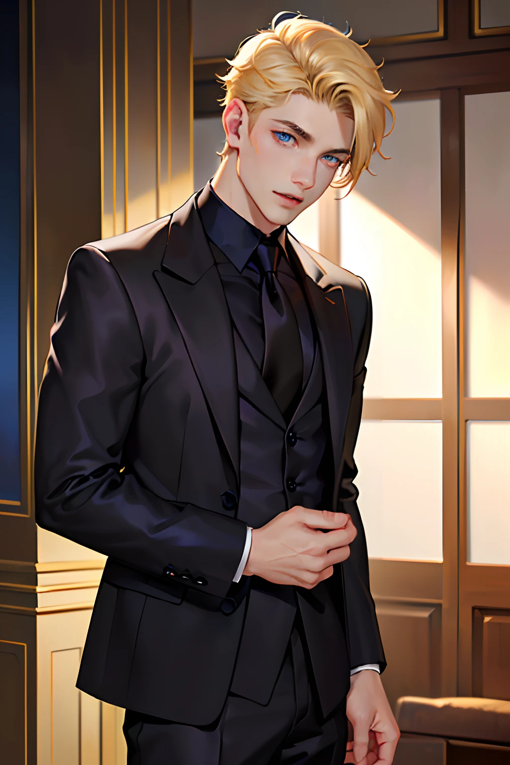 (masuter piece,Best Quality,Ultra-detailed), (A detailed face), 1boy, A young man who left his boyhood behind,(front-facing view),(Photorealsitic:1.2),(side lights,Beautiful Eyes of Details:1.2),Blonde colored hair,Face focus,Black suit,Black jacket,Black necktie,Vampires,Confident,10 Billion Man,blue eyess,Mafioso,Secret associations