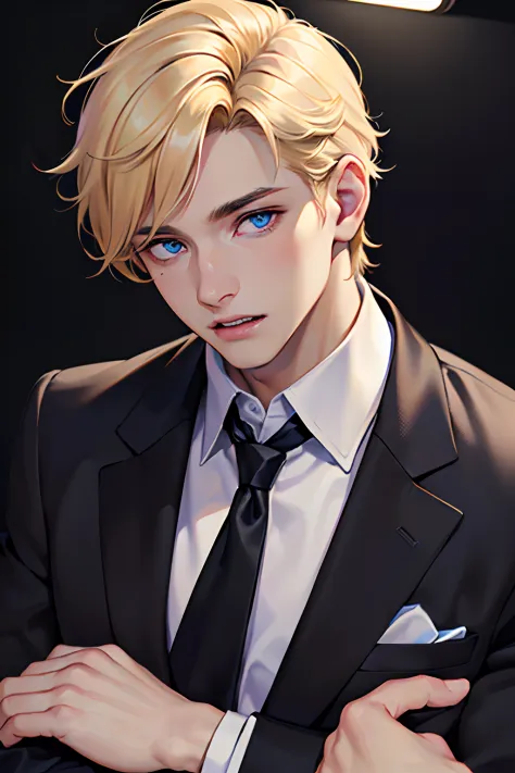 (masuter piece,Best Quality,Ultra-detailed), (A detailed face), 1boy, A young man who left his boyhood behind,(front-facing view),(Photorealsitic:1.2),(side lights,Beautiful Eyes of Details:1.2),Blonde colored hair,Face focus,Black suit,Black jacket,Black ...