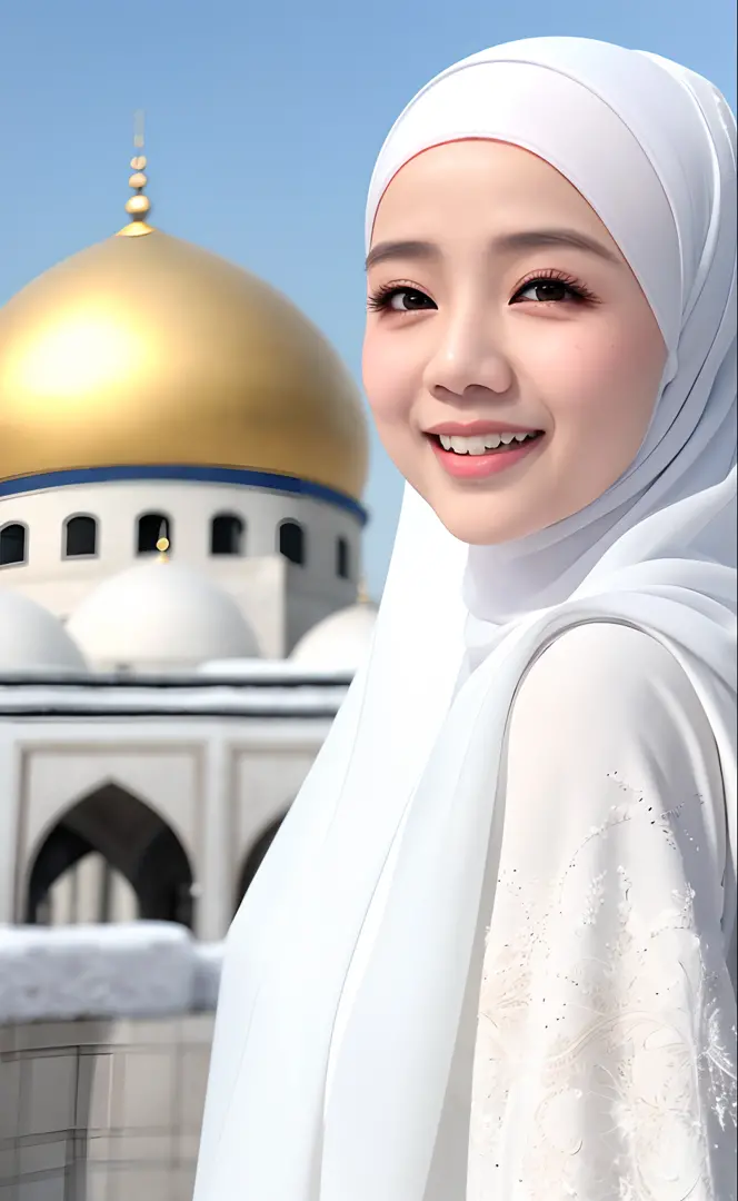 Best quality, 4K picture quality, 1 malay girl in hijab, white Hanfu, snow, long hijab fluttering in the wind, healing smile, large aperture, blurred background, mosque in background, ultra detail face, (mira filzah:1.2)