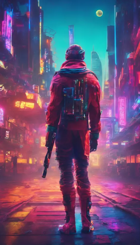A scientist with a cyberpunk style，Semi-mechanized scientists，Combat posture，majestic-looking，Affection for moving forward，Stunning colors。Set in a futuristic cyberpunk style city，the street，Crowds with blurred vistas，（Movie lighting），（light and shadow eff...