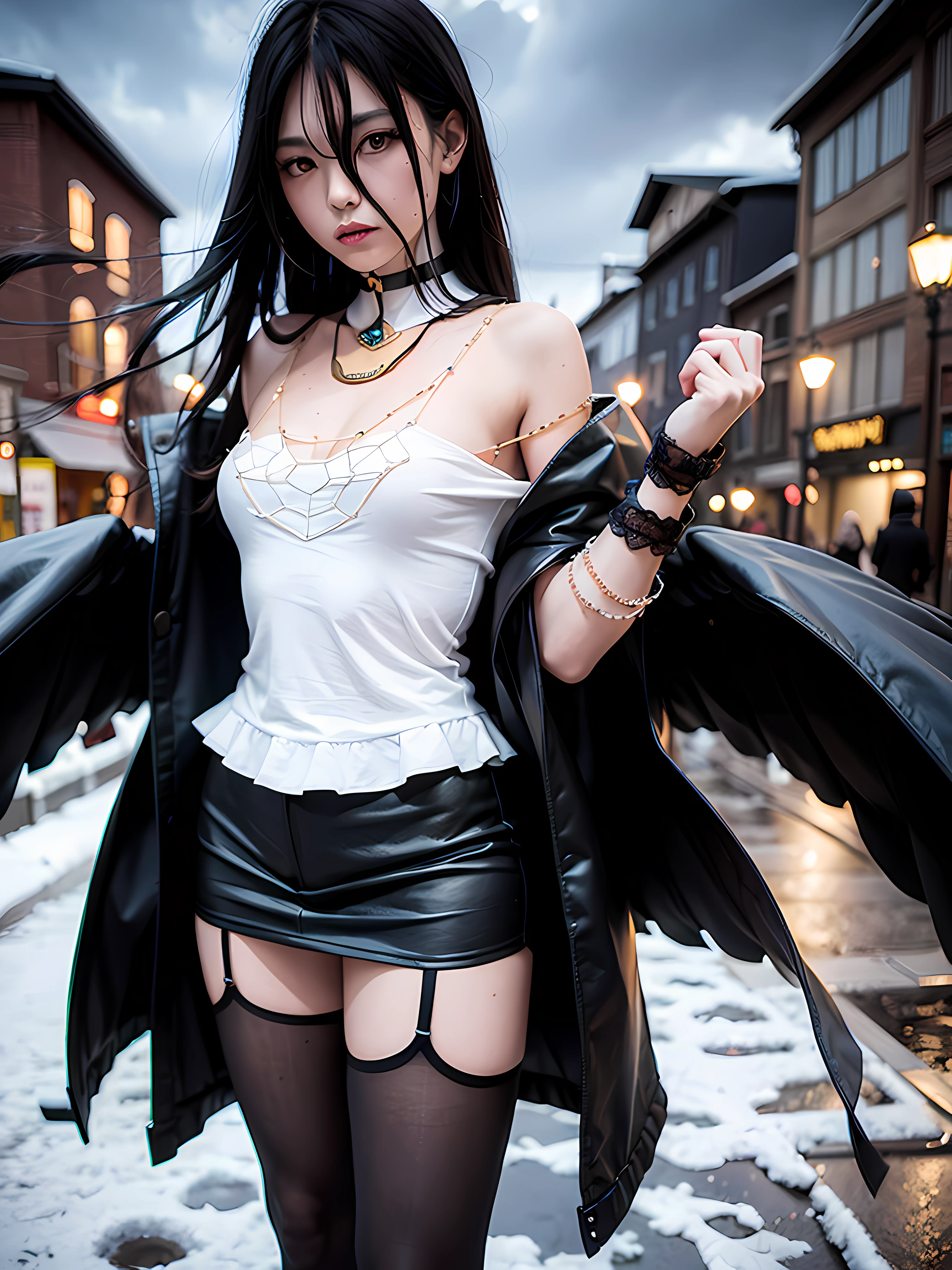 demon girl with fangs standing in the street at night, snow on the ground, wet clothes, seductive, beauty spot on chin, wearing a loose oversized jacket, off the shoulder, fishnet leggings, wearing an oversized dress, wearing a long loose white shirt, sexy thighs, side pose, small mole on the chin, blushing, neon lights in the background, detailed background, raining, long sleeves, neck choker with necklace, long necklace, evil look, detailed digital anime art