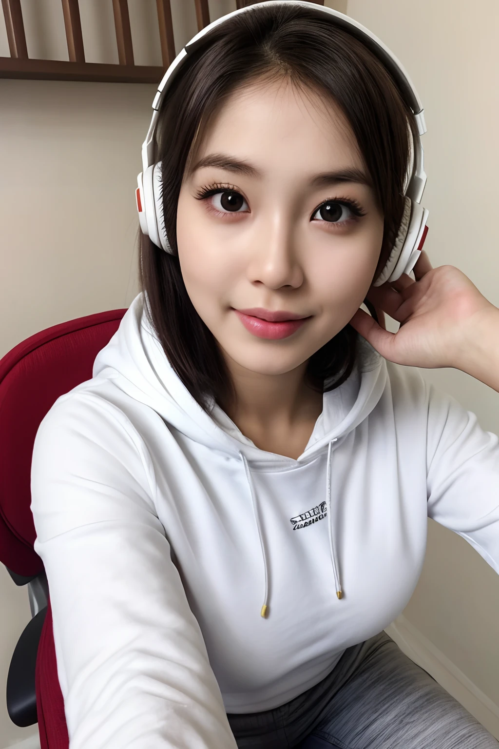 A close up of a woman wearing headphones sitting on a chair - SeaArt AI