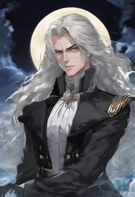 Masterpiece, Highest quality, (solofocus), (Perfect face:1.1),(Castlevania Moon Nocturne:1.3)，(High detail:1.1), (hyper detail eyes), Dramatic, 1人, (Pale skin),(Vampire Prince:1.3)，a black trench coat，(Arucardo:1.5)，Long blonde hair, Ethereal eyes, (Light ...