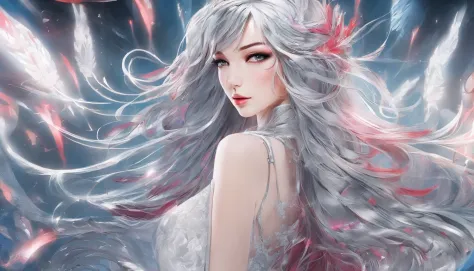 Silver-haired girl, Neon red lights cast side light on smooth long hair, Complex wave patterns, Detailed hairstyling design, vibrant, Shiny hair, Sparkling highlights, reflective surface, Cascade interlocking, Dynamic movements, Ethereal atmosphere, Smooth...