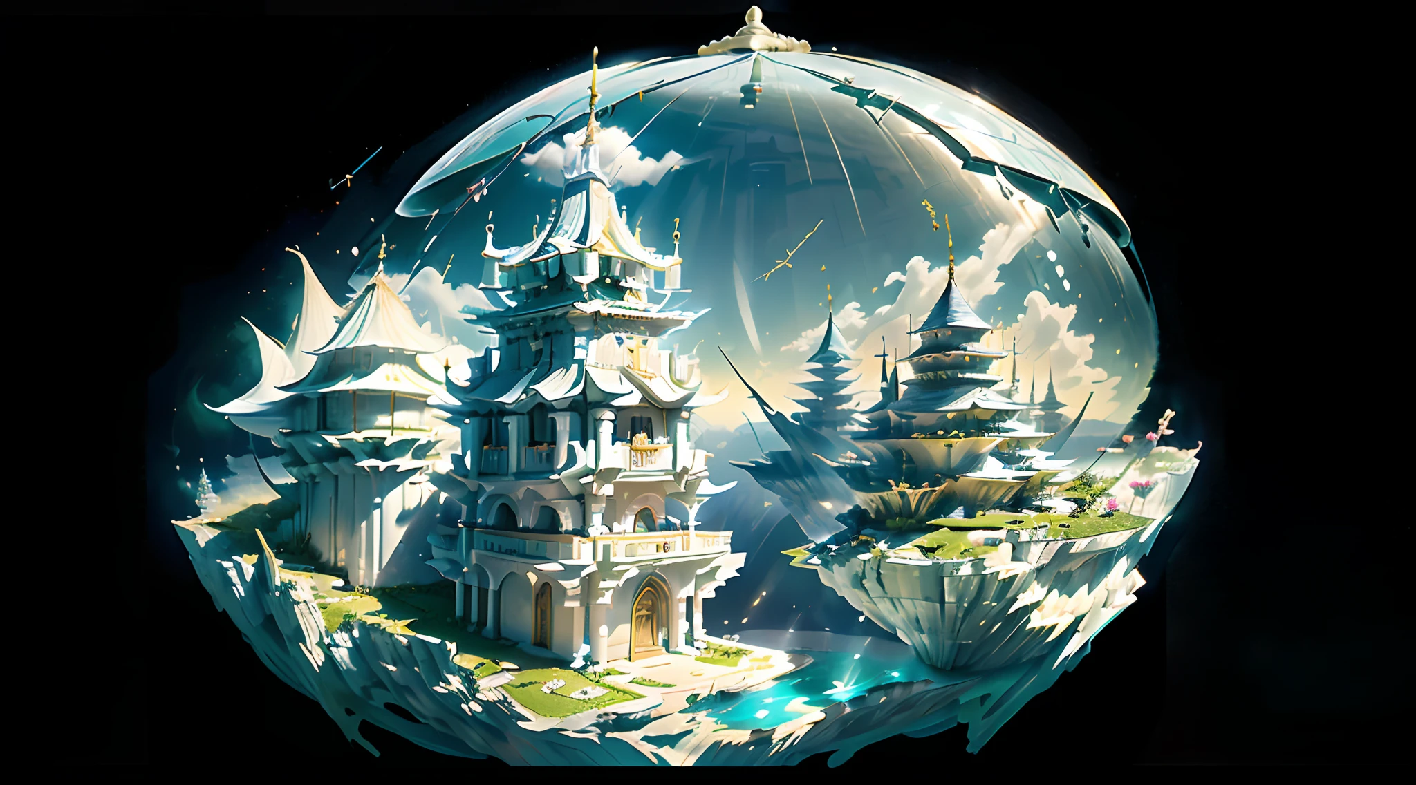 (Extremely detailed floating city:1.3), ((1 detailed mirage castle floats on it
cloud)and(Detailed buoy spire illusion, Detailed float bell tower
fantasy)and(Highly transparent mirage)and(Detailed view of the base
Mirage Castle)),Ultra-detailed,extremely detailed and beautiful, Sky and white
Cloud and sunset glow background,Ultra-fine bird, (Floating city in bloom, Floating petals, A garden in bloom in the sky, Many vines on the wall:1.2)
imagination, Dream
/=
(Girl inside the floating city:1.3), (1 girl away from the camera:1.2), (Ultra-wide angle
lens), (back), Behind the head, Holy light, White dress, (full bodyesbian), Bare feet, (Backless dress), Solo