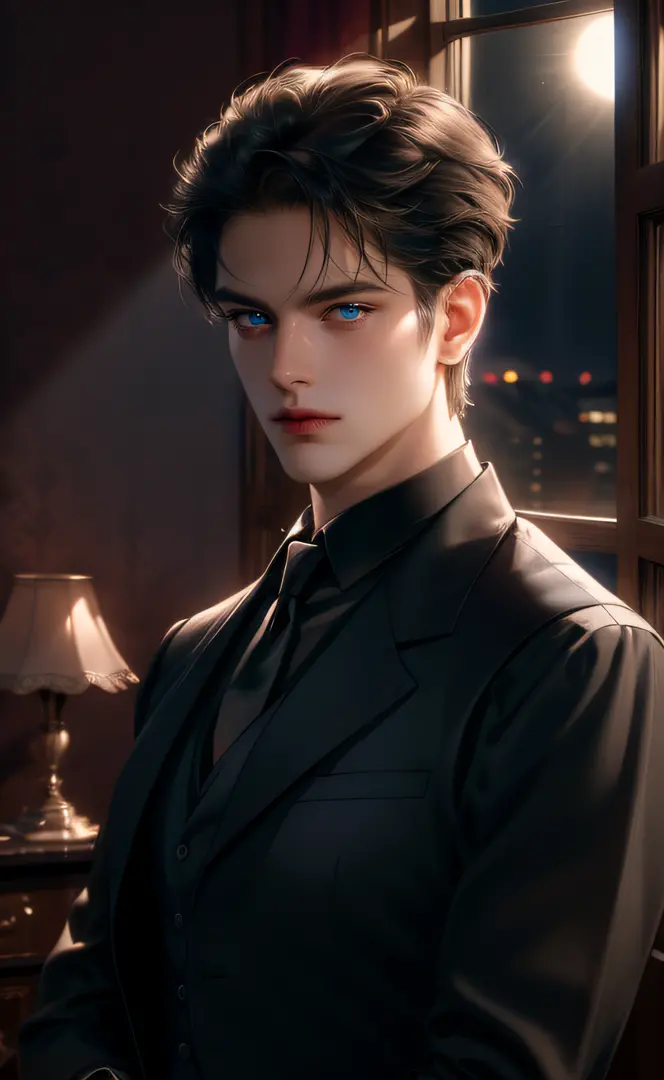 (masterpiece,best quality,ultra_detailed,highres,absurdres, detailed light, detailed shadow),1 ((mature)) male, ((mature face)) 30-ish, (board shoulder), (muscular), male focus, solo, black hair (no highlight), chain, shirt, black necktie, necktie, simple ...