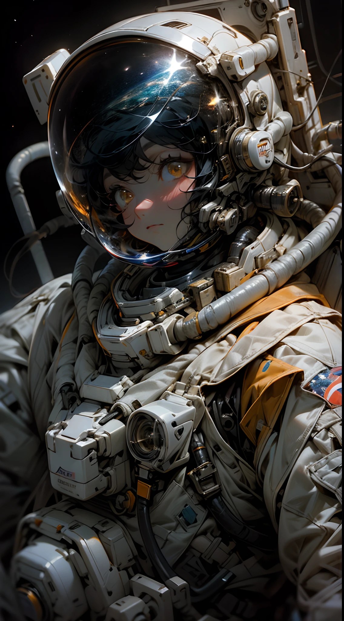 Astronaut girl, Astronaut helmet, In space, planet earth, Mards, stars, Upper body, top to bottom, 1girll, Solo, Floating in space, astronaut suits, Big orange eyes, Black hair, The landscape of the earth, Detailed background, beautiful space, Colorful,