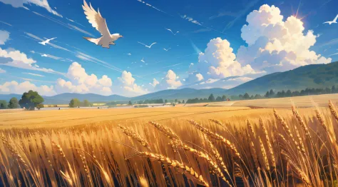 a large neat wheat field，idyllic、wheat field ，scenic view，the sun shining，clouds，skysky，flying birds，big mountain，peasant，