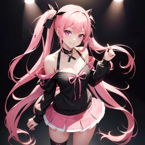 full body Esbian, masutepiece: 1.2, Highest Quality), (Live-action, elaborate details), (1 Lady, Solo, Upper body,) Clothing: Edgy, Black long jumper, pink miniskirt, long hair with pink twin tails,,、Avant-garde, Experimental appearance: Long pink twin tai...