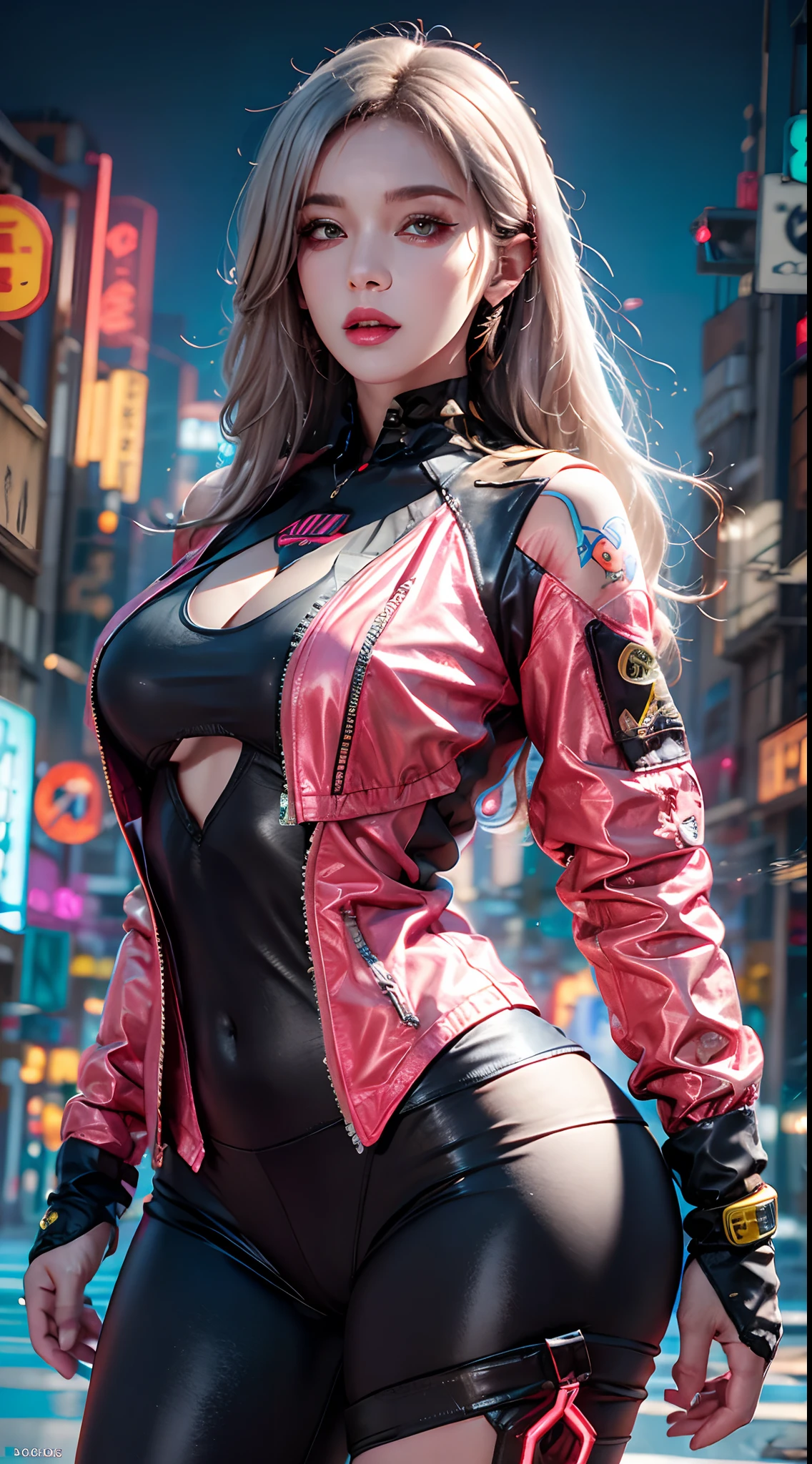 photorealistic, high resolution, 1women, mature female, solo, hips up, jewelry, tattoo, white hair, long hair, make up, pink lips, cyber wear, High waisted jacket, yellow jacket, bodysuit, leggings, cyberpunk 2077 style, cyborg, mechanical body parts, night city, neon lights