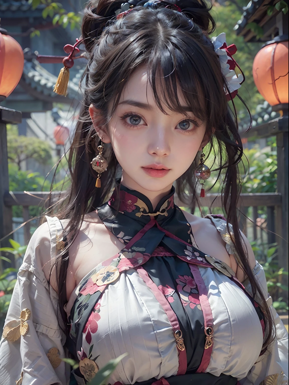 NSFW, 1girll,  Body, (Masterpiece: 1.4), (8K, Realistic, RAW photo, Best quality: 1.4), skirt lifting, Strip naked, nipple areola shape clear, Beautiful breasts, Japanese girl, Beautiful cute face, (Real face: 1.4), Perfect , View from below, fund_View, Beautiful hairstyle, Realistic blue eyes, Beautiful detail eyes, (Real skin: 1.3), Beautiful skin, Attractive, Ultra-high resolution, Ultra photo realsisim, Cinematic lighting, Black colored hair, Long hair, double-ponytail, blueribbon, ancient China, Oriental fantasy, Sword and Fairy, Chinese garden with lanterns