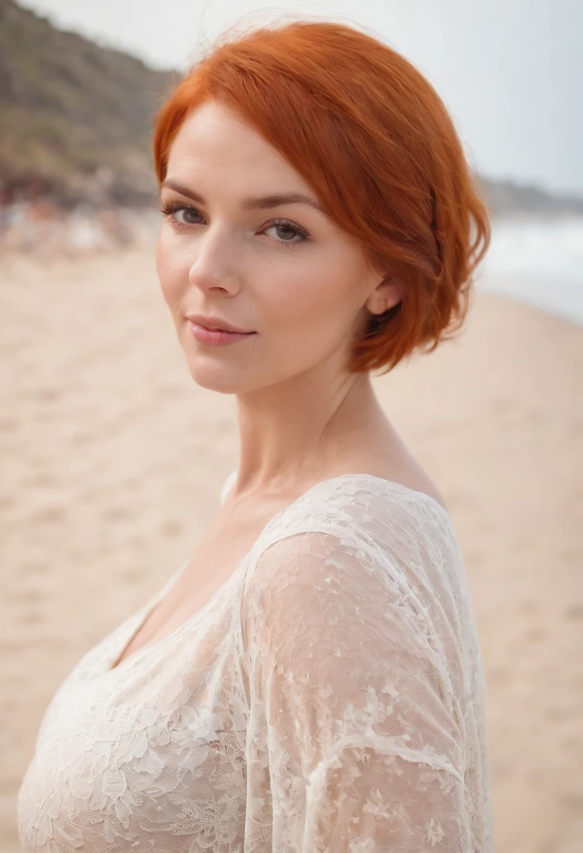 A close up of a woman with red hair on a beach - SeaArt AI